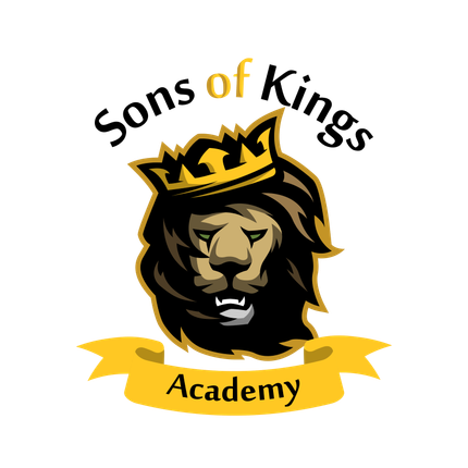 A logo for sons of kings academy with a lion wearing a crown
