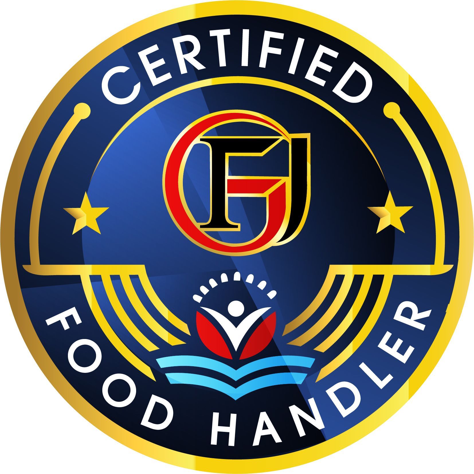 A blue and gold certified food handler logo.