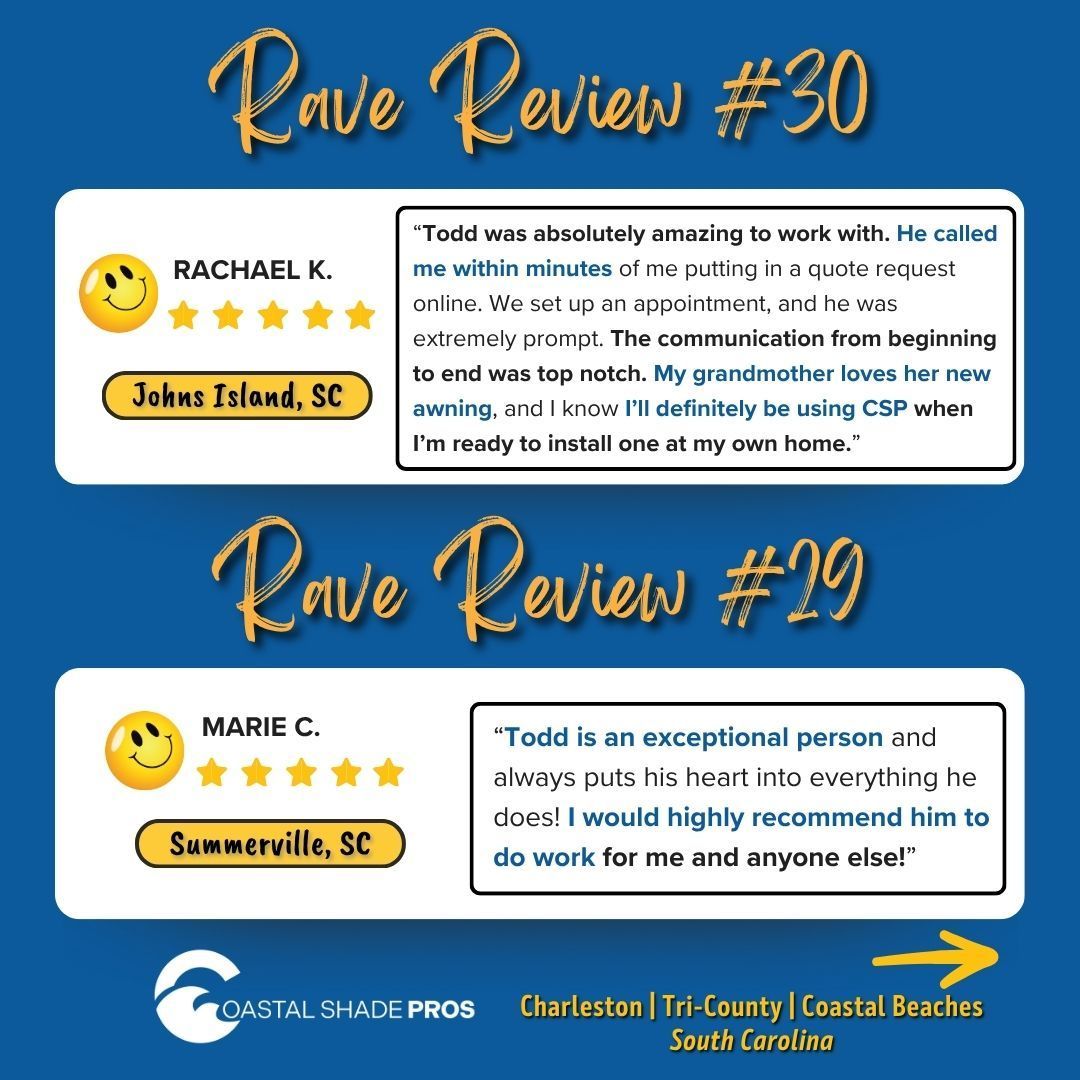 Customer reviews for Coastal Shade Pros. Includes names, locations, and star ratings.