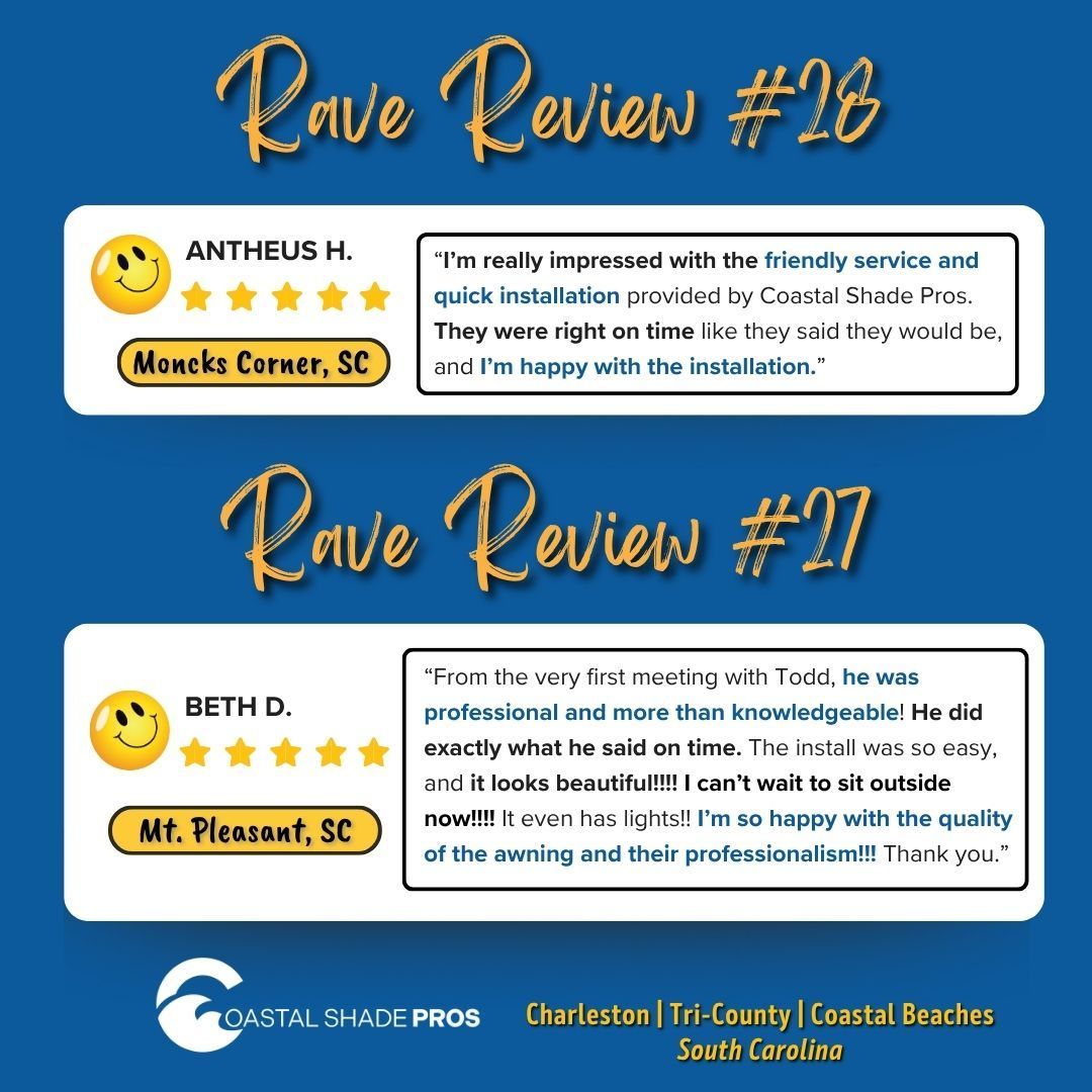 Two customer reviews from Coastal Shade Pros, with gold text on a blue background.