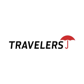 Travelers logo in black with a red umbrella accent on a white background