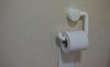 White toilet paper roll on a wall-mounted holder, against a light-colored wall.