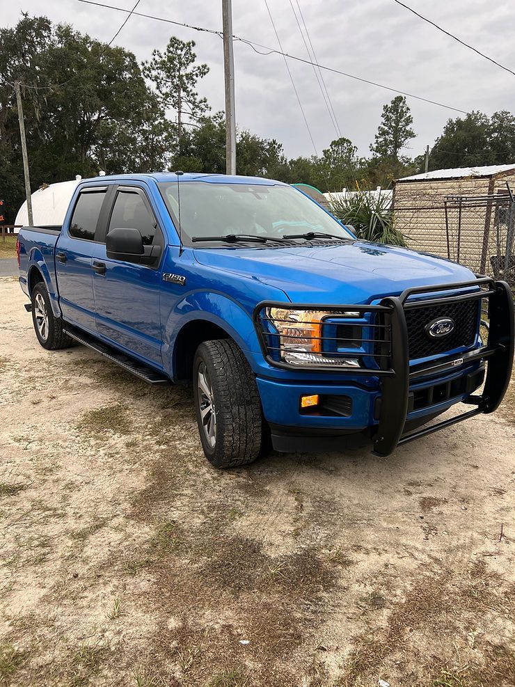 Blue Ford F-150 pickup truck with a black brush guard, parked on a dirt lot under an overcast sky.