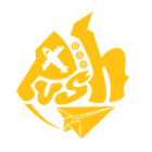 Yellow logo with stylized fist holding an airplane and paper plane; text 