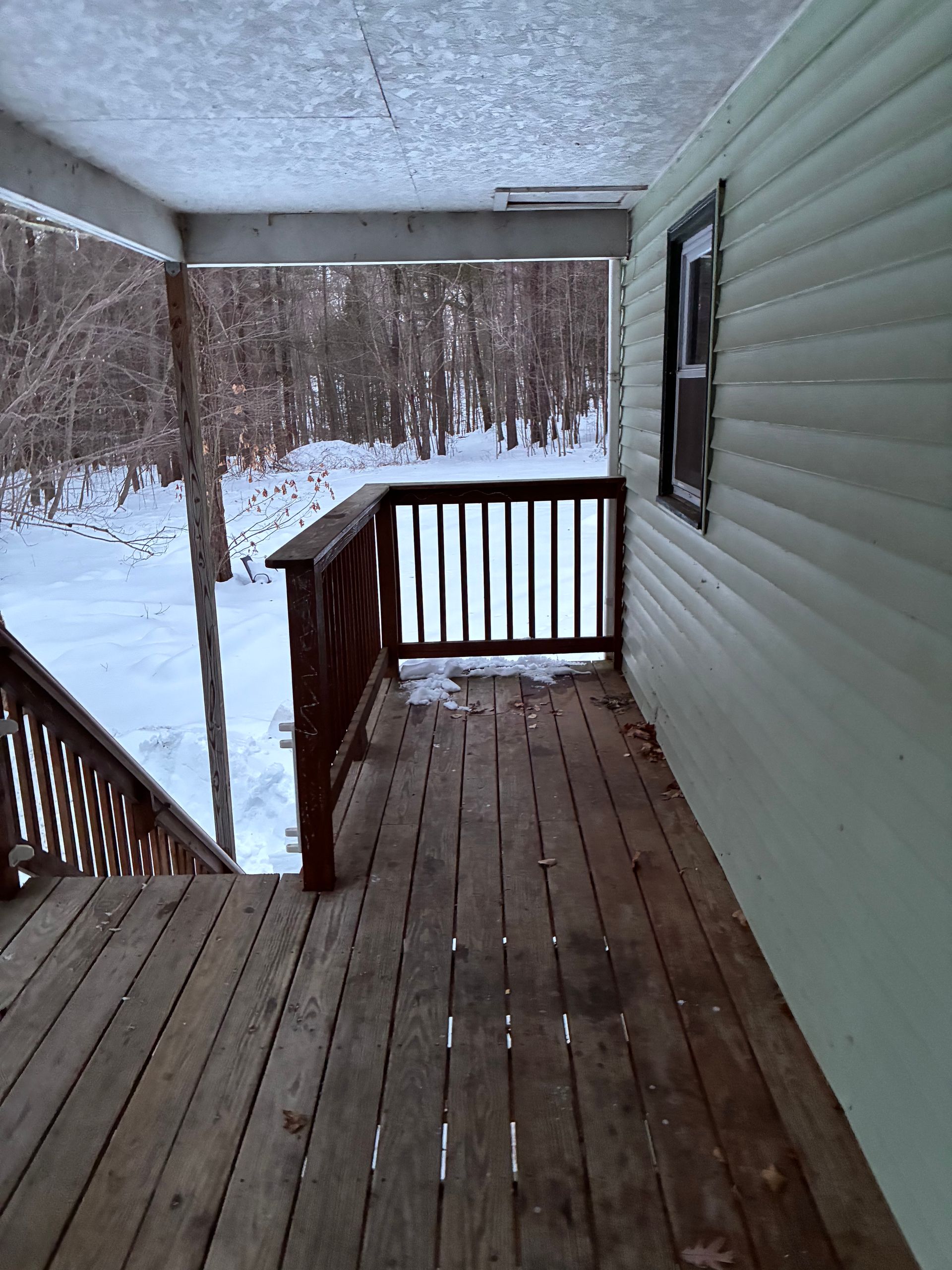 Wooden porch and steps in winter, snow-covered landscape visible.