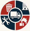 Circular graphic with delivery truck at the center, surrounded by icons: trash can, building, home with boxes, and wrenches.