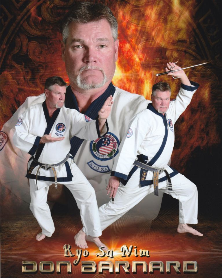 A picture of a man in a karate uniform with the name don barnard on the bottom