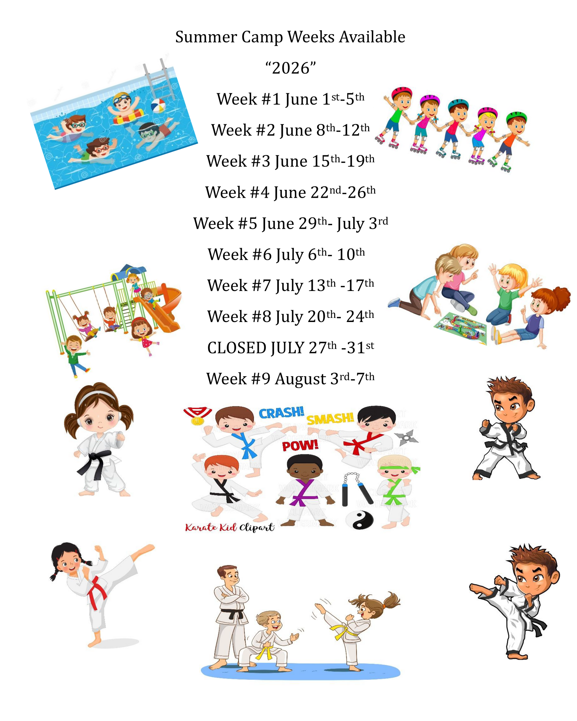 A yellow poster for a summer karate camp