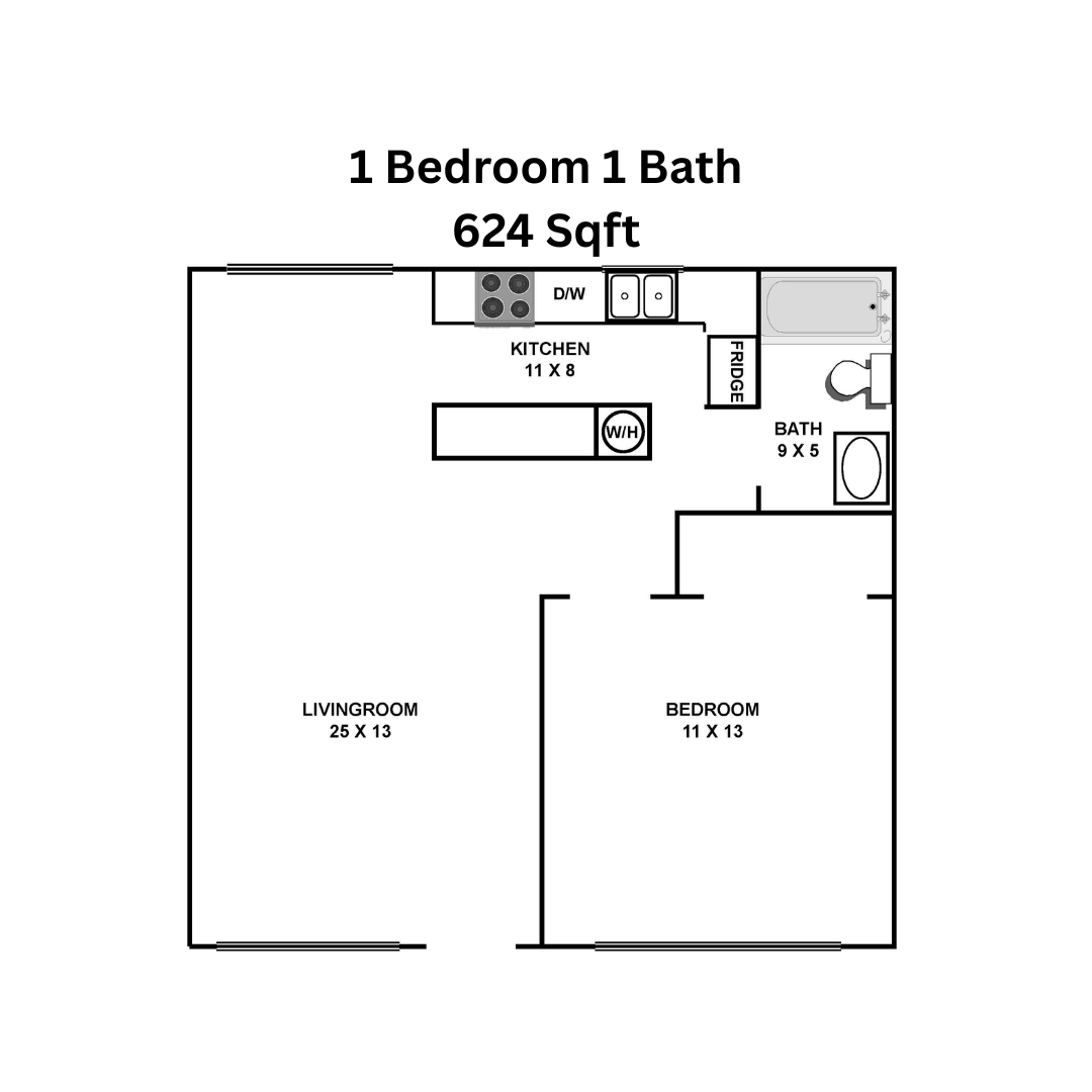 Floor plan of a 1-bedroom, 1-bath apartment. Includes the kitchen, bathroom, living room, and bedroom layout.