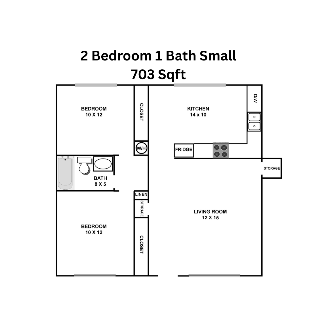 Floor plan of a small 2-bedroom, 1-bath apartment. Layout includes a kitchen, living room, and bedrooms.