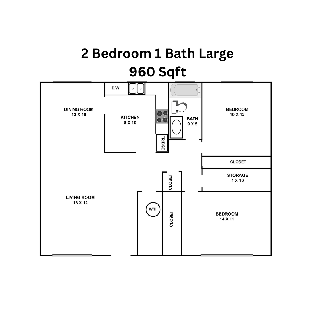 Floor plan of a 2-bedroom, 1-bath apartment, 960 square feet. Includes dimensions of rooms.