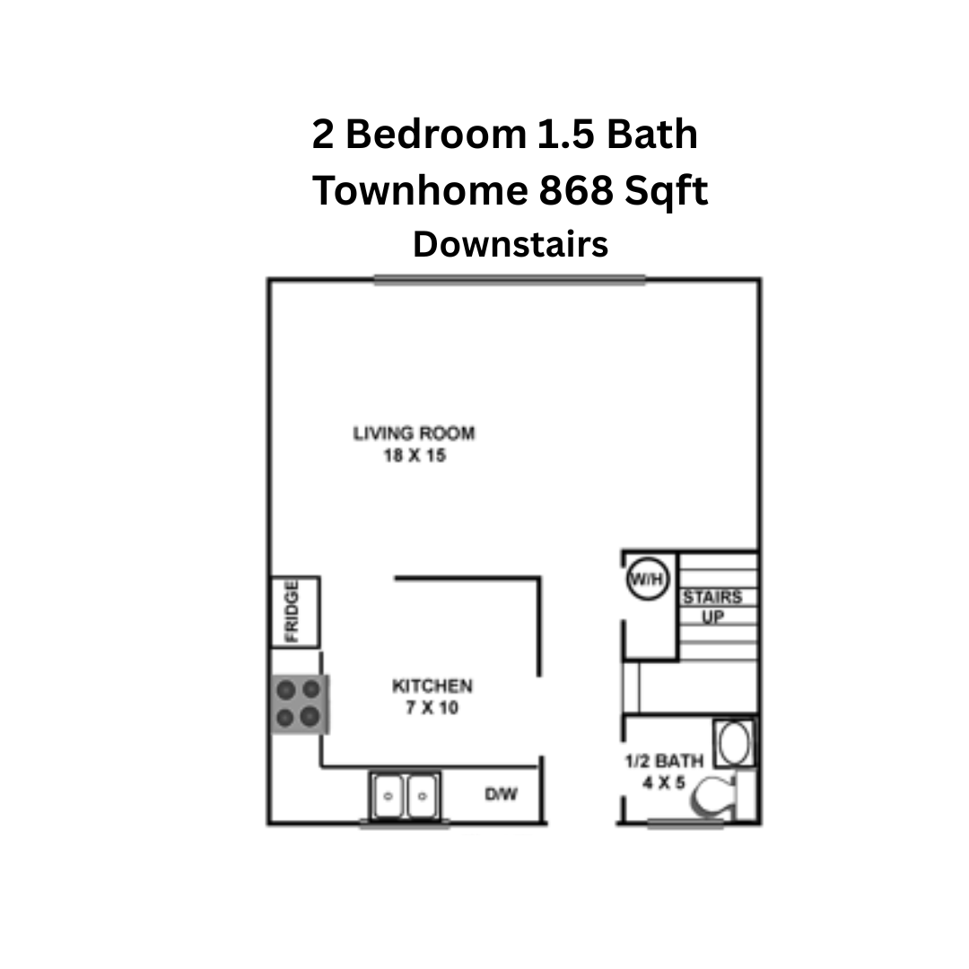 Floor plan of a 2-bedroom, 1.5-bath townhouse. Downstairs includes living room, kitchen, half bath, and stairs.