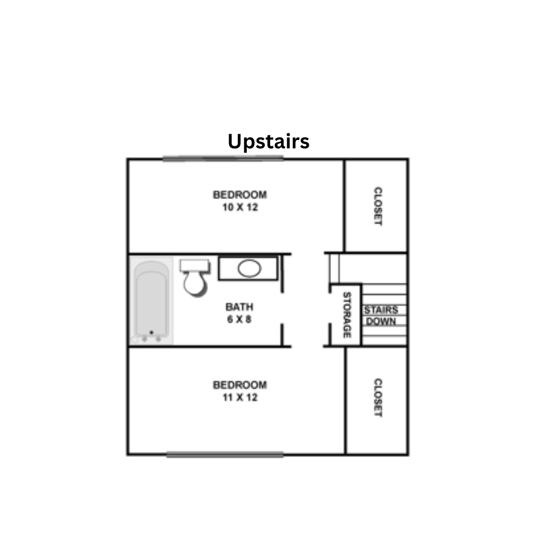 Floor plan of an upstairs layout with two bedrooms, a bathroom, and closets.