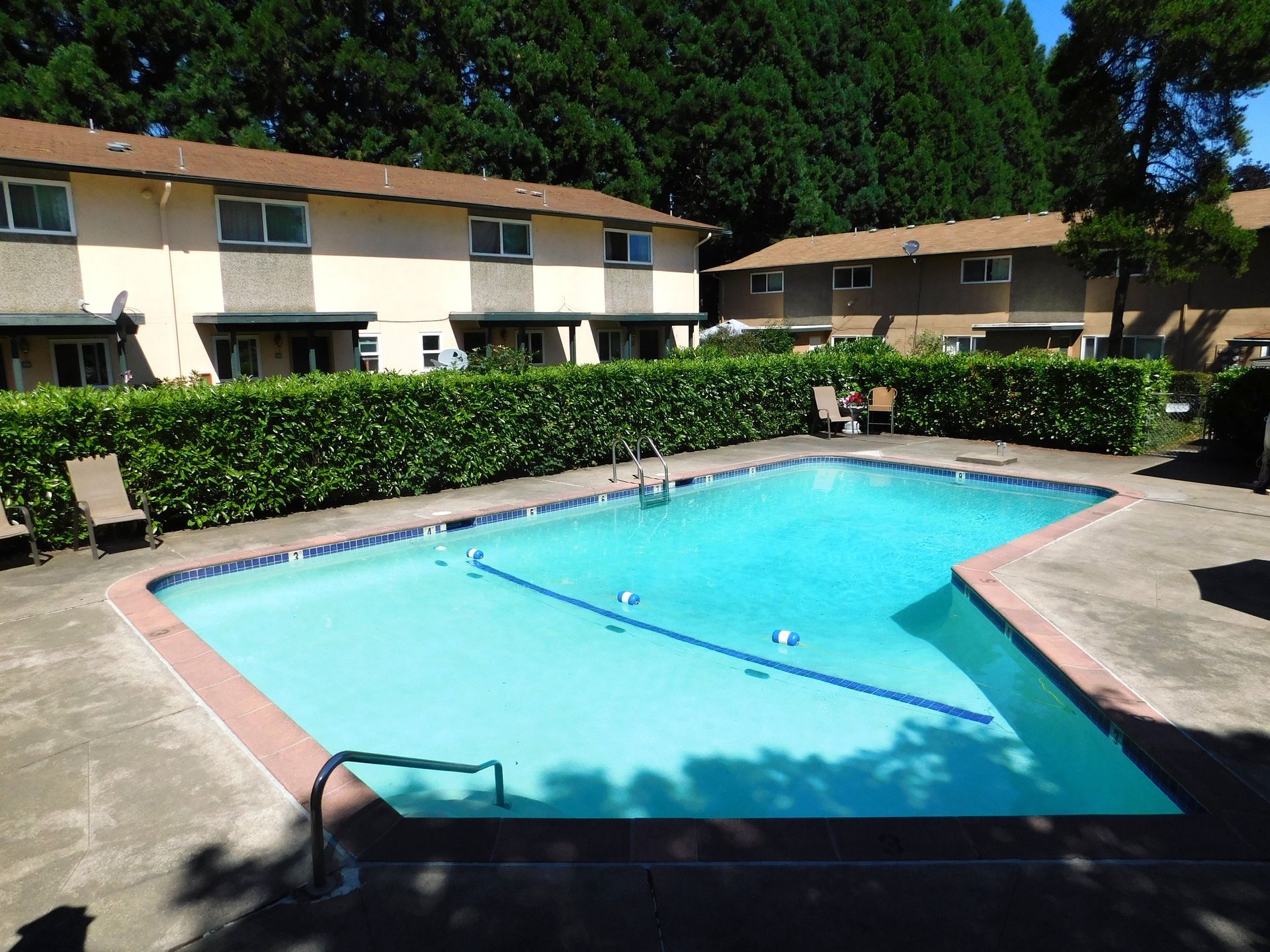 Swimming pool in front of apartment buildings, surrounded by greenery and trees; sunny day.