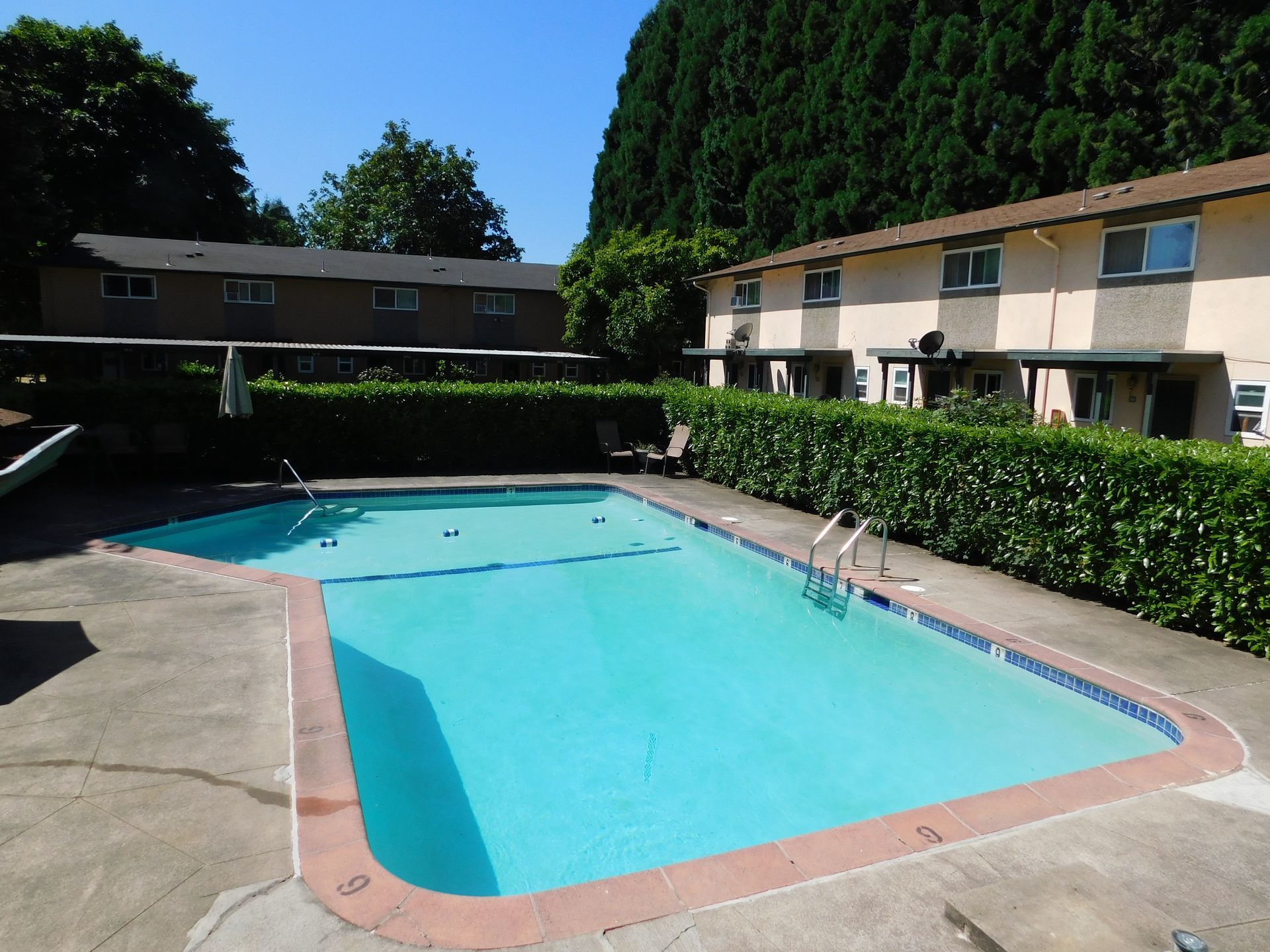 Swimming pool in front of a beige apartment building and a lush green tree-lined background.