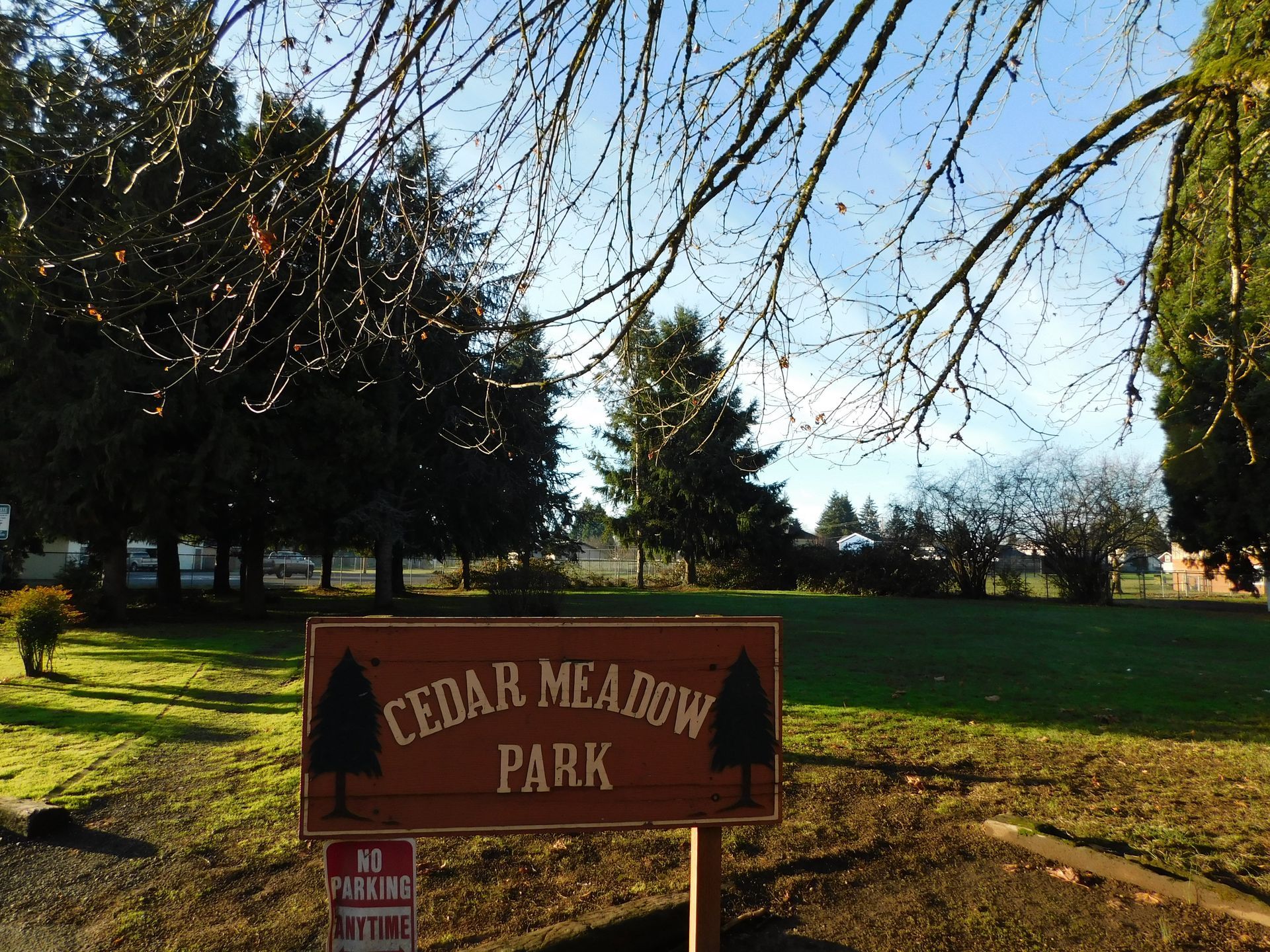 Cedar Meadow Park sign in a grassy park with trees under a clear sky.