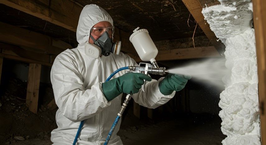 Person in protective suit spraying insulation in a crawl space.