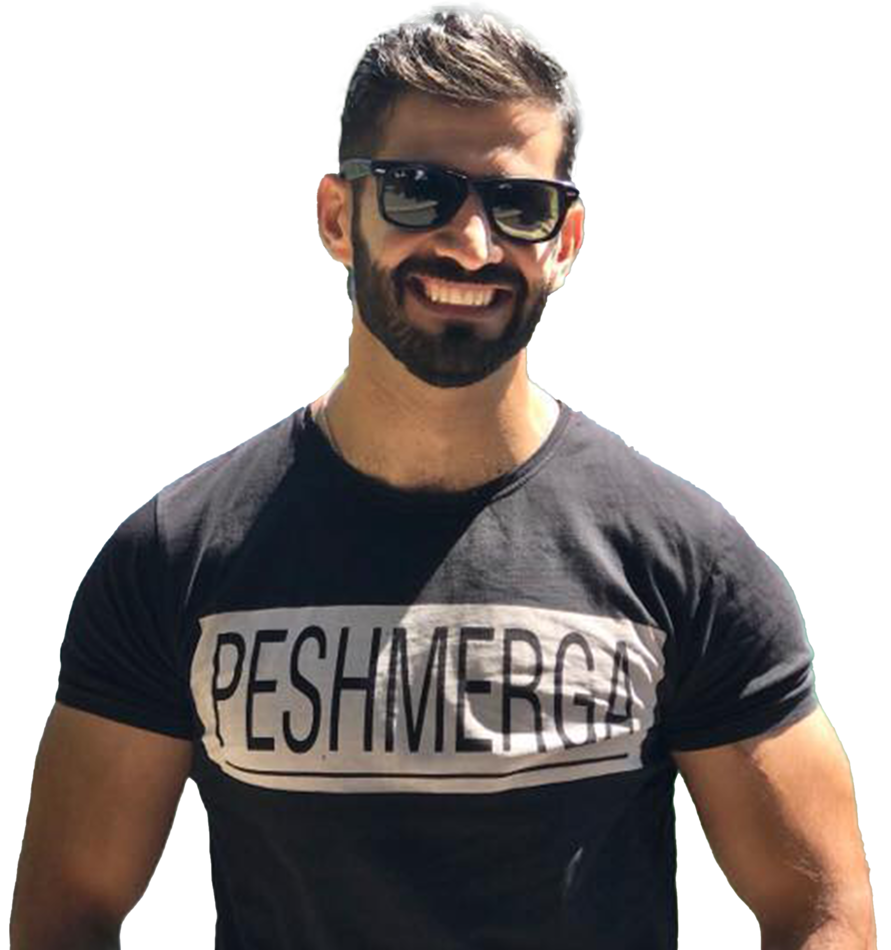A man wearing sunglasses and a black t-shirt that says peshmerga