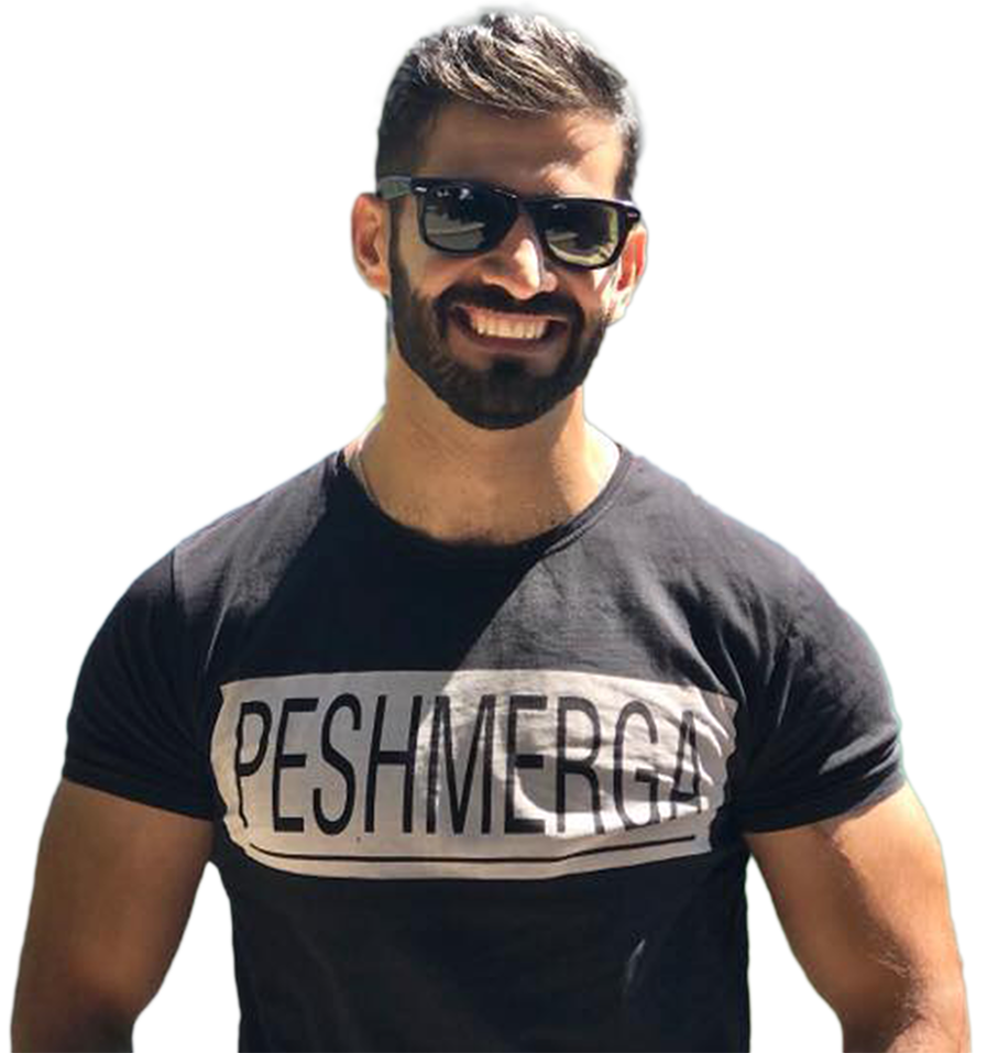 A man wearing sunglasses and a black shirt that says peshmerga