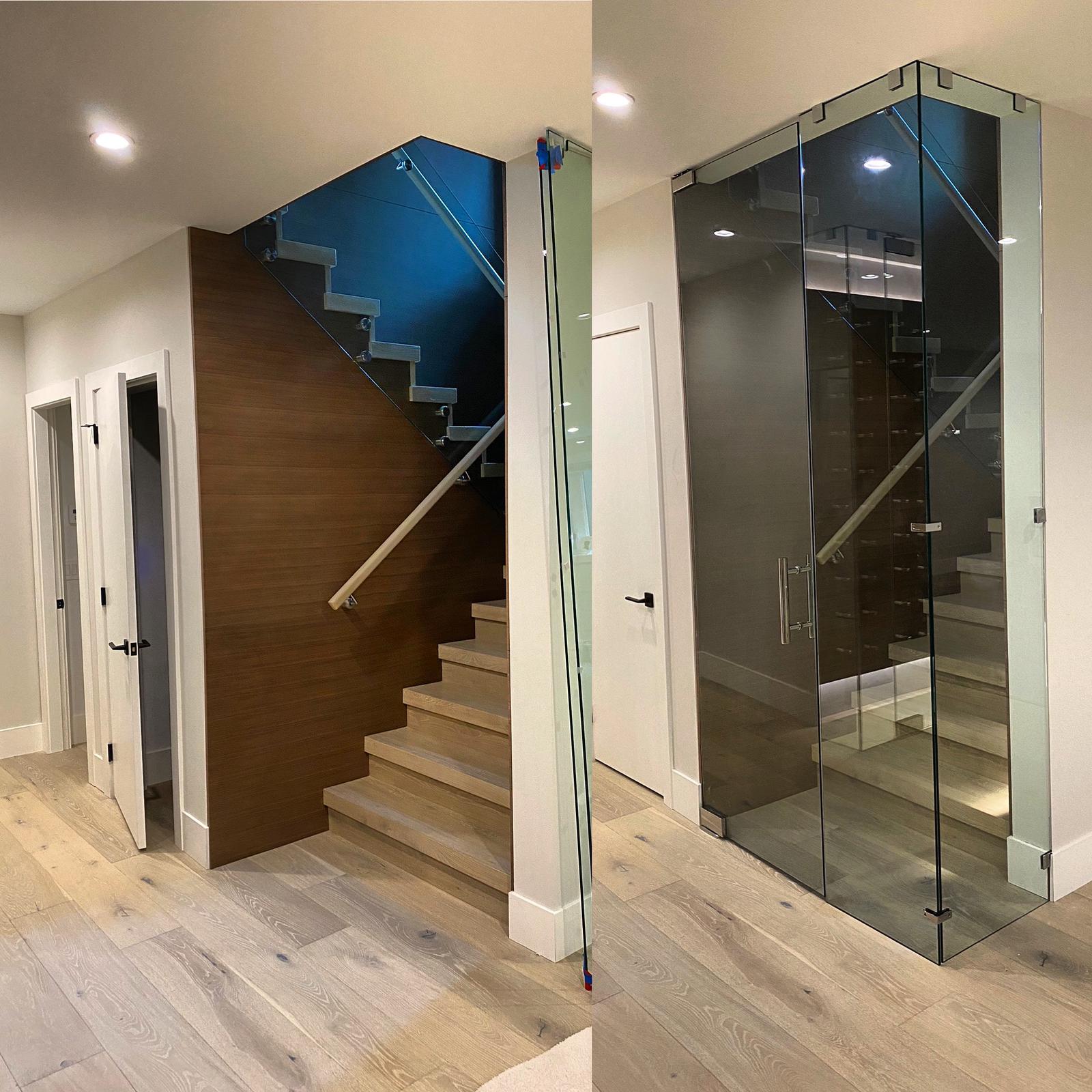 A picture of a staircase before and after being remodeled.