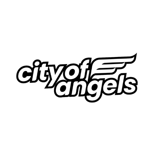 The city of angels logo is black and white and has a wing on it.