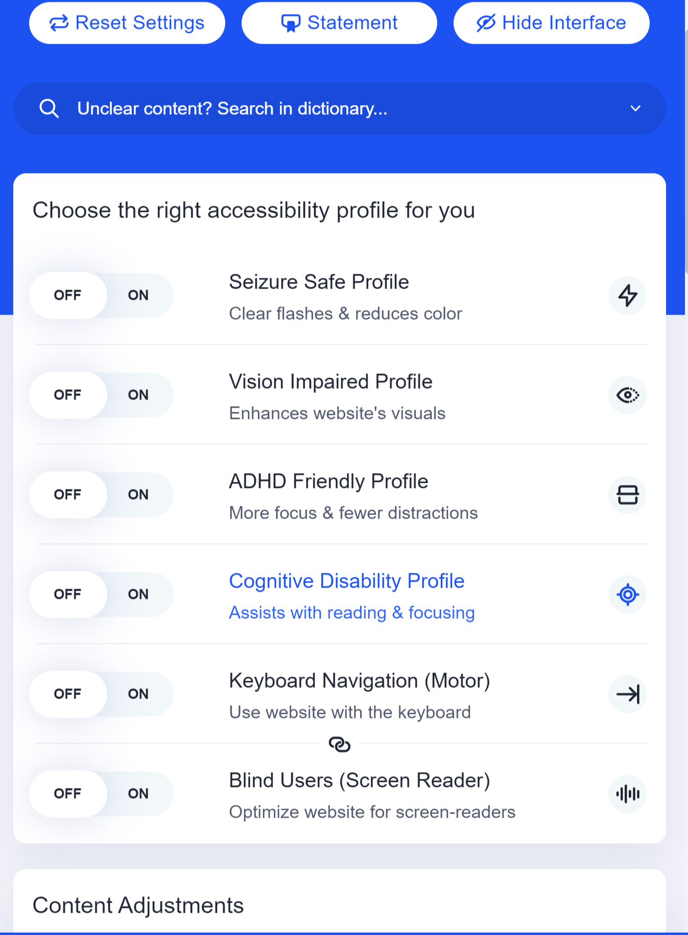 A screenshot of a website that says choose the right accessibility profile for you
