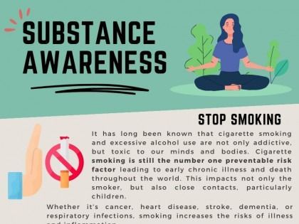 Infographic: Substance awareness. Woman meditating. Stop smoking message with text about health risks of smoking.