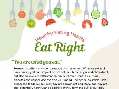 Graphic promoting healthy eating habits, featuring food icons hanging from forks, with the text