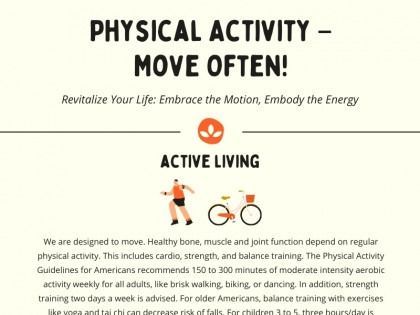 Poster promoting physical activity, with text about active living, and a person walking and a bike illustration.