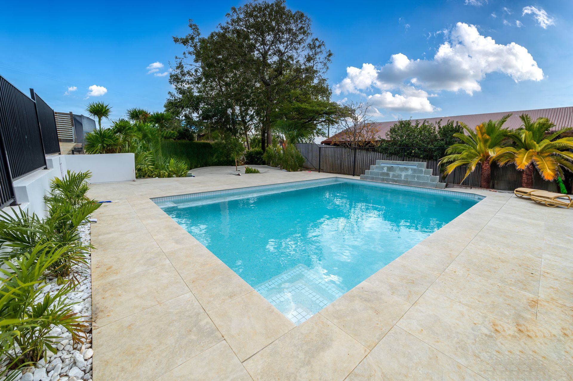 Square swimming pool in a backyard with a tree and plants under a blue sky.