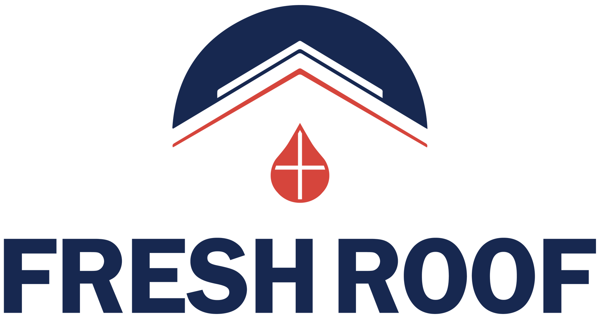 The logo for fresh roof shows a roof with a drop of water on it.