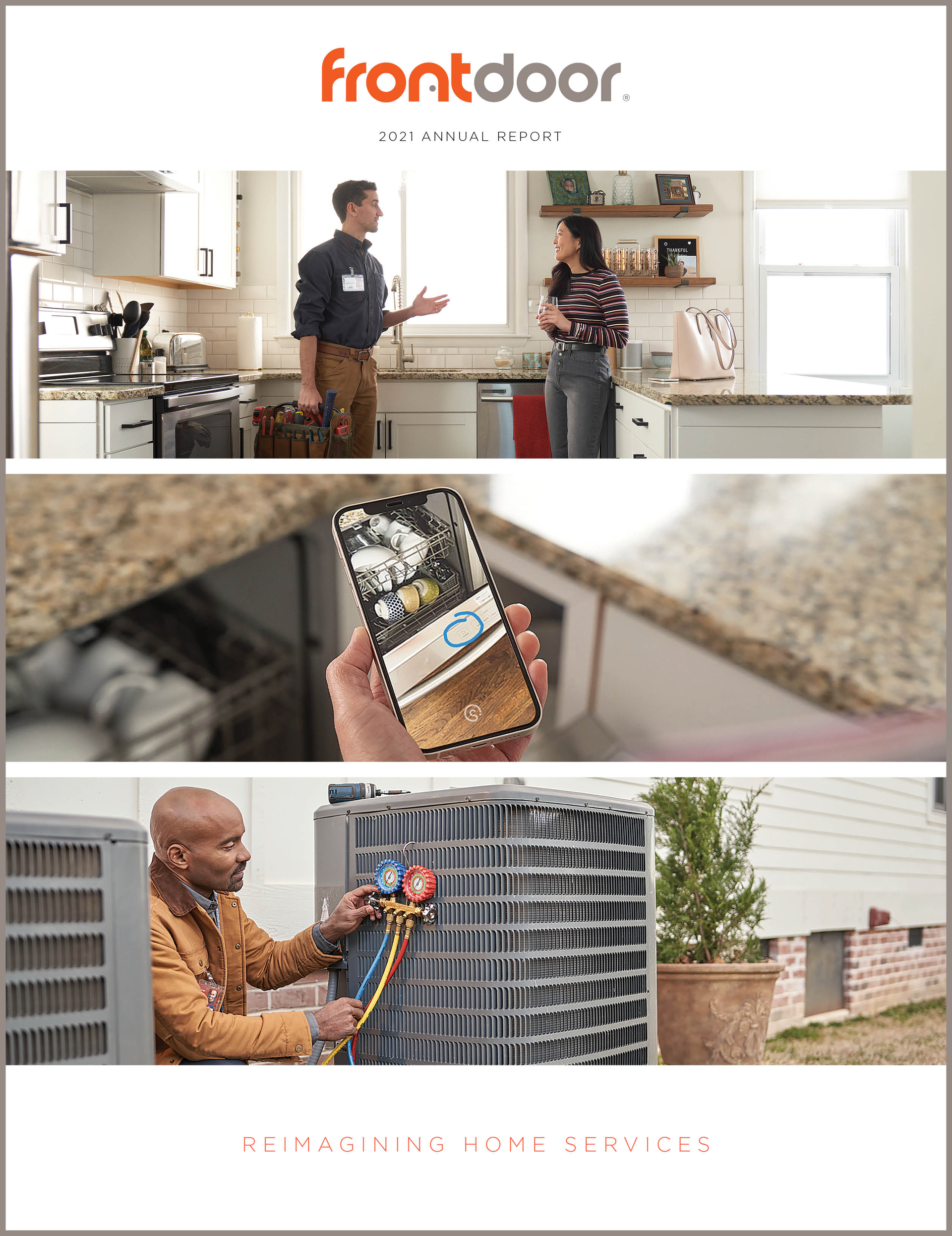 A man is holding a cell phone and a woman is standing in a kitchen.