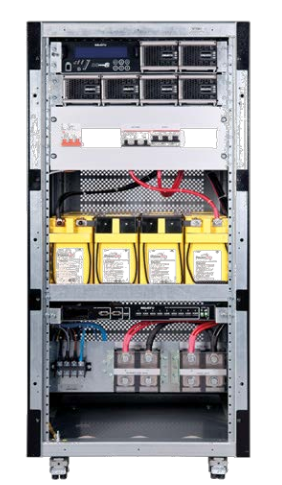 Rack de servidores con UPS, con baterías y distribución de energía.