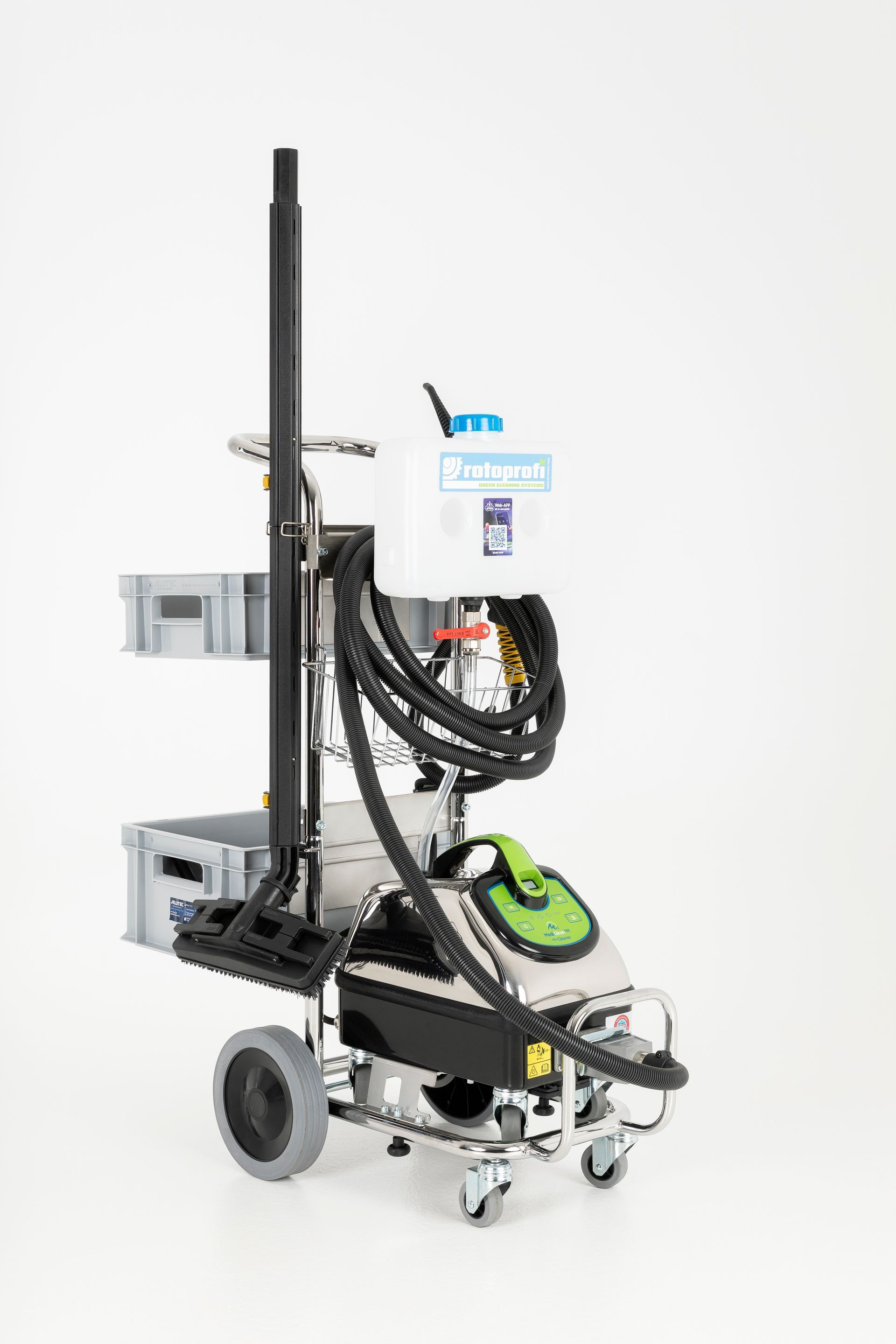 ein Staubsauger auf einem Wagen, an dem ein Schlauch befestigt ist.