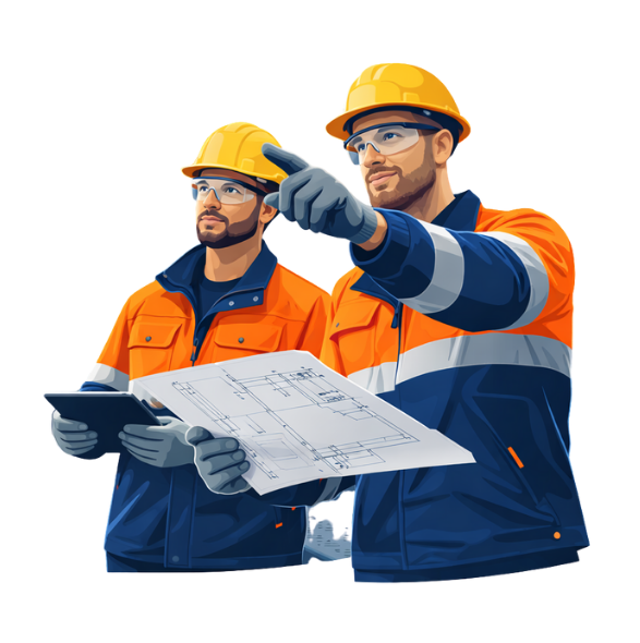 Two construction workers in high-visibility uniforms and hard hats review blueprints while pointing toward a site.