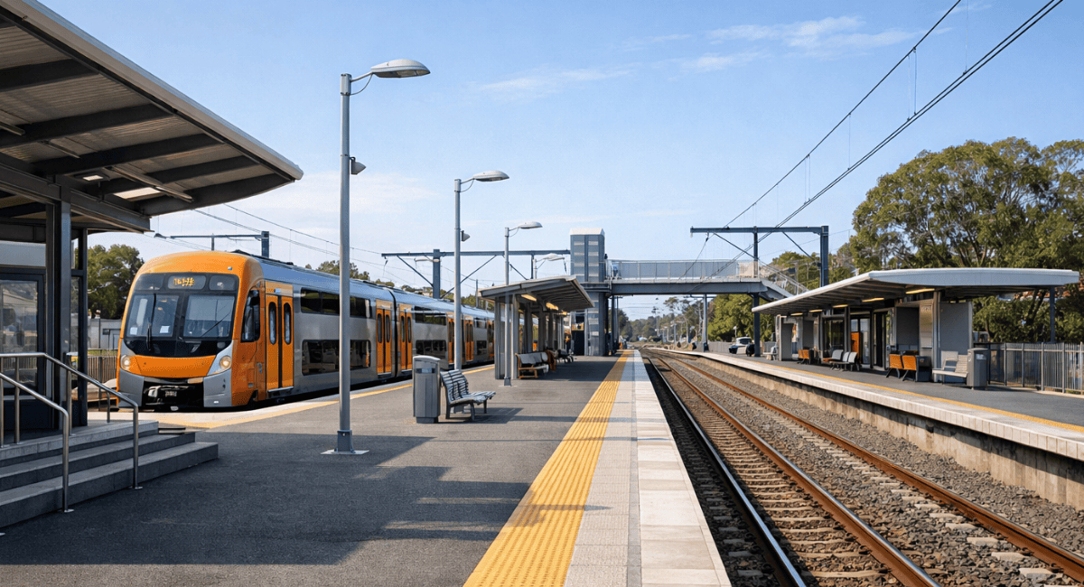 An orange and silver double-decker passenger train parked at an outdoor station platform on a sunny day.