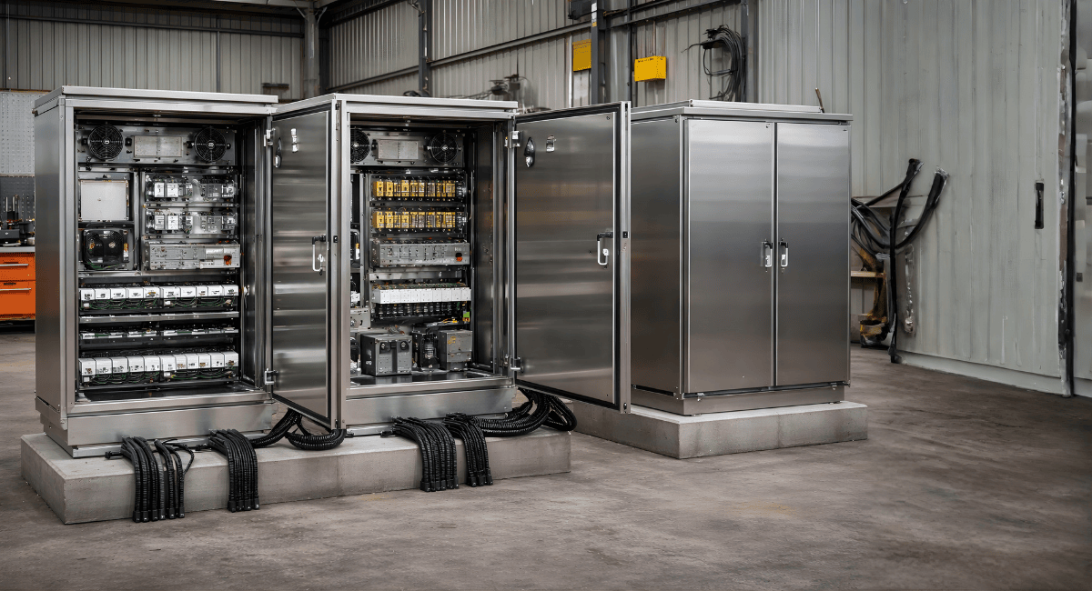 Stainless steel industrial electrical cabinets, with doors open revealing complex wiring and hardware, in a warehouse.
