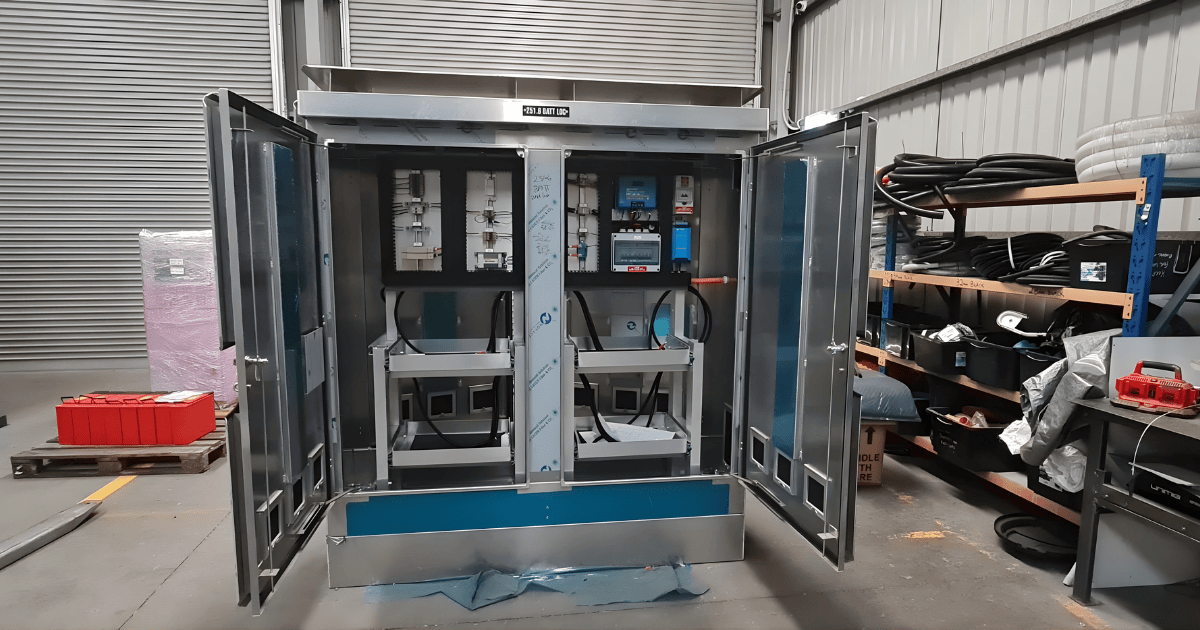 A large industrial metal cabinet with open doors, housing internal electrical equipment, located in a warehouse.