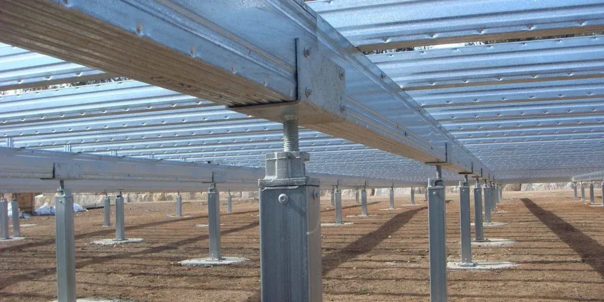 Rows of metal ground-mount racking support structures.