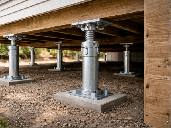 Adjustable metal support piers elevate a wooden deck structure over a gravel ground surface.