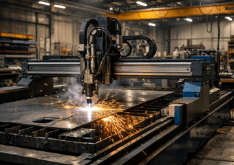 Industrial CNC plasma cutter creates sparks while precisely cutting a large metal sheet in a factory setting.