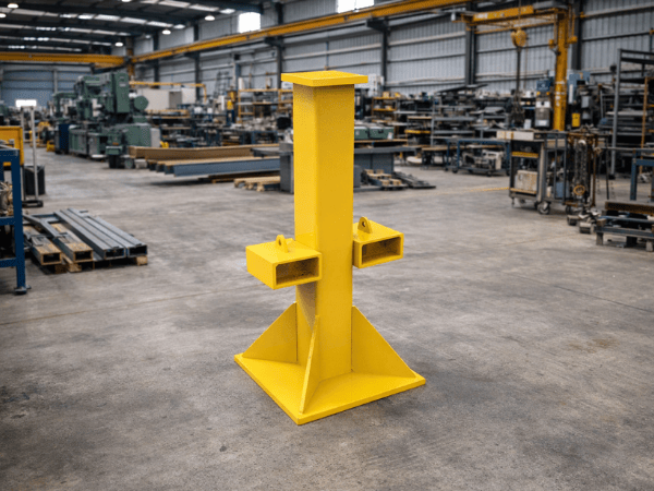 A yellow industrial steel post with a base plate and fork pockets stands in the center of a metal fabrication workshop.
