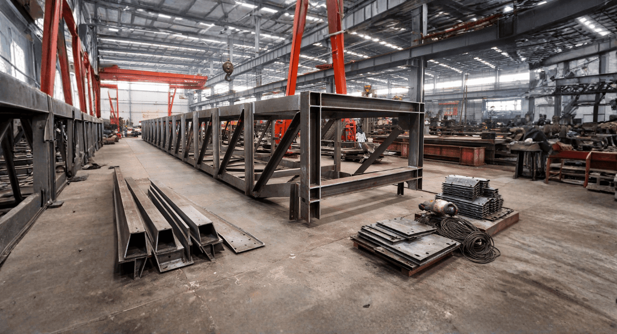 A spacious industrial factory floor featuring large steel structural frames and metal components on a concrete floor.