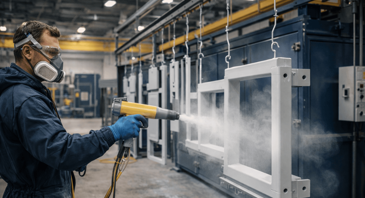 A worker wearing a respirator sprays white powder coating onto metal parts hanging in an industrial workshop.