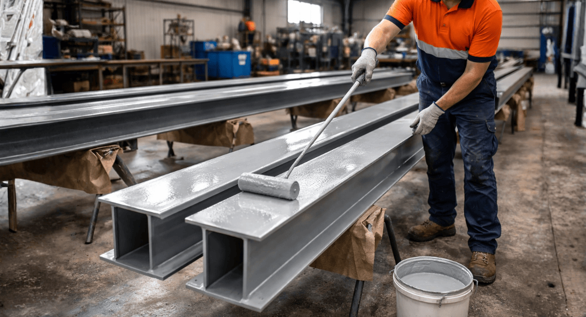 A person in high-visibility workwear uses a paint roller to apply gray coating to a large steel I-beam in a workshop.