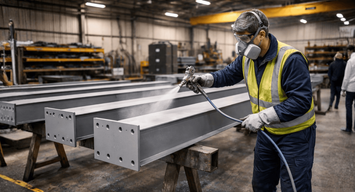 A worker in a high-visibility vest and respirator spray-paints grey steel beams in an industrial workshop.
