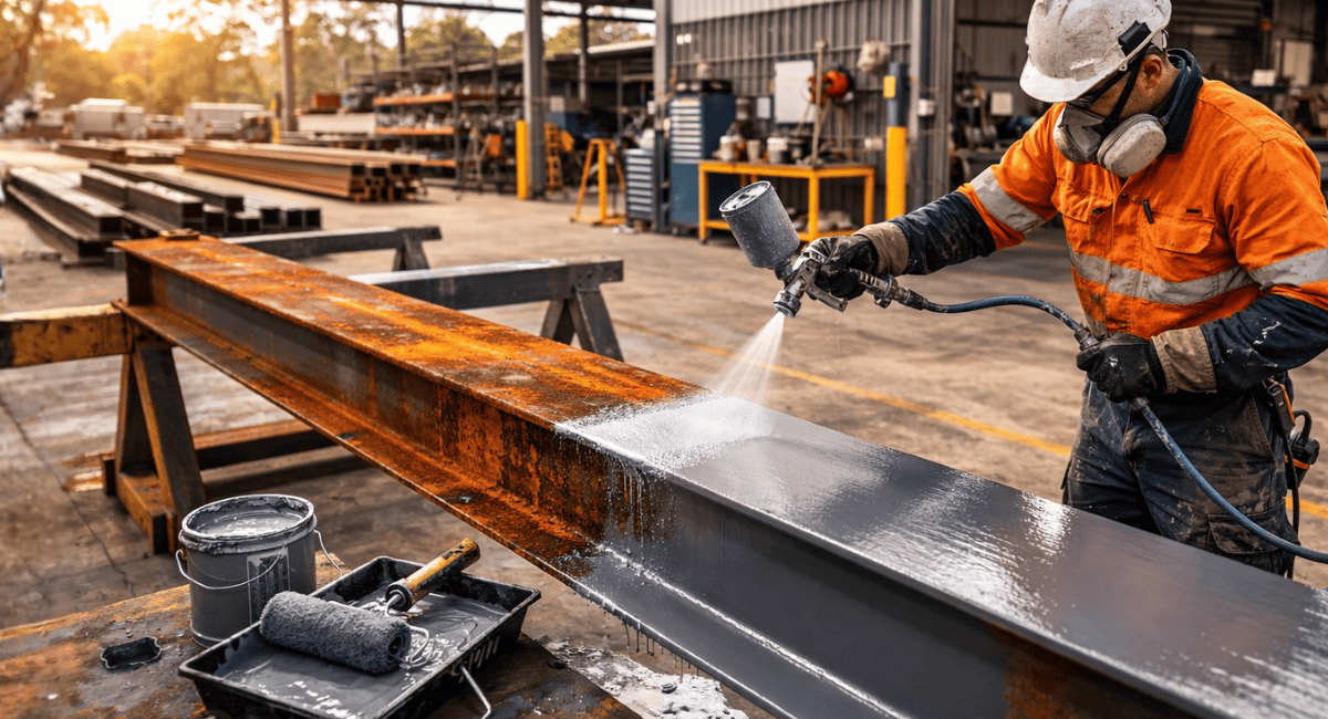 A worker in safety gear spray-paints a rusty steel beam in an industrial workshop.