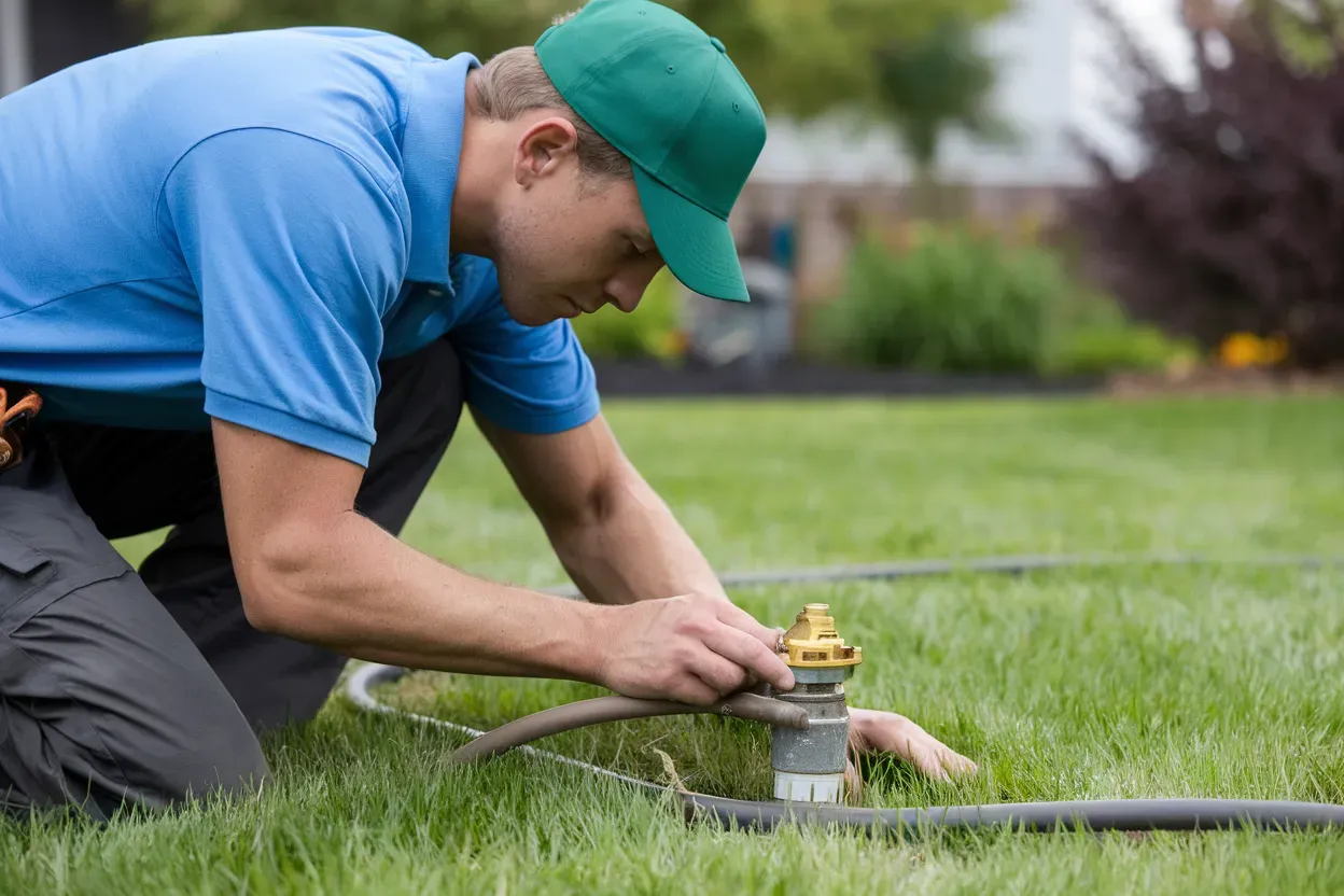 A man in a blue shirt and green hat is working on a lawn sprinkler.