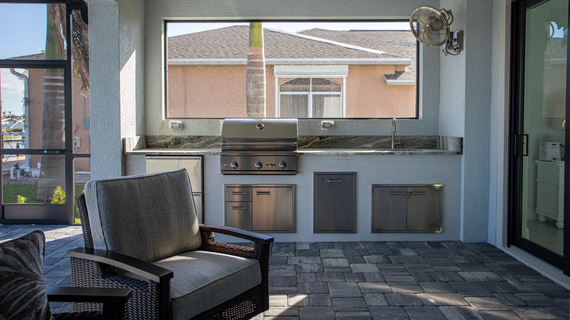 Backyard Outdoor Kitchen Delta White Tile Custom Heat Grill Estero, FL