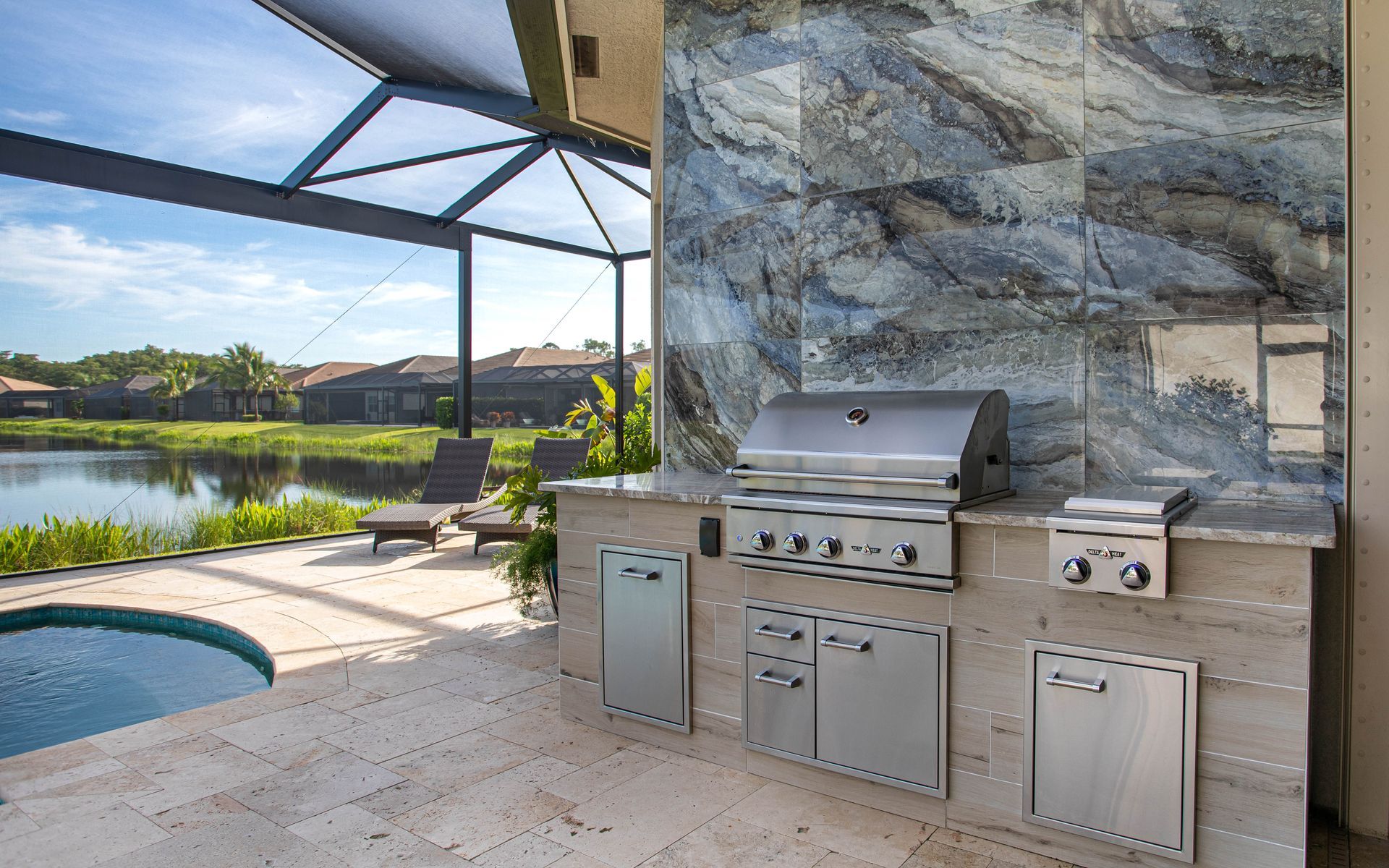 Plank Wood look tile Outdoor Kitchen Delta Heat Grill Tile Backsplash Side Burner Backyard Kitchens Fort Myers, FL